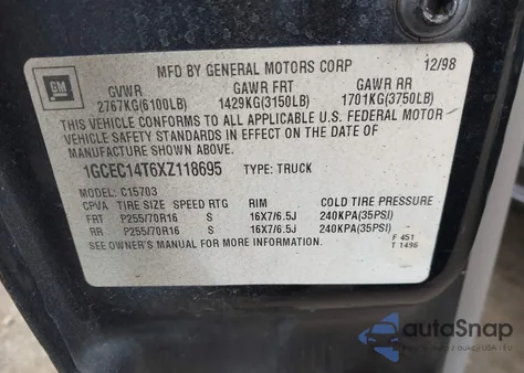 1999 Chevrolet Silverado 1500 Ls z USA, uszkodzony, nr VIN 1GCEC14T6XZ118695